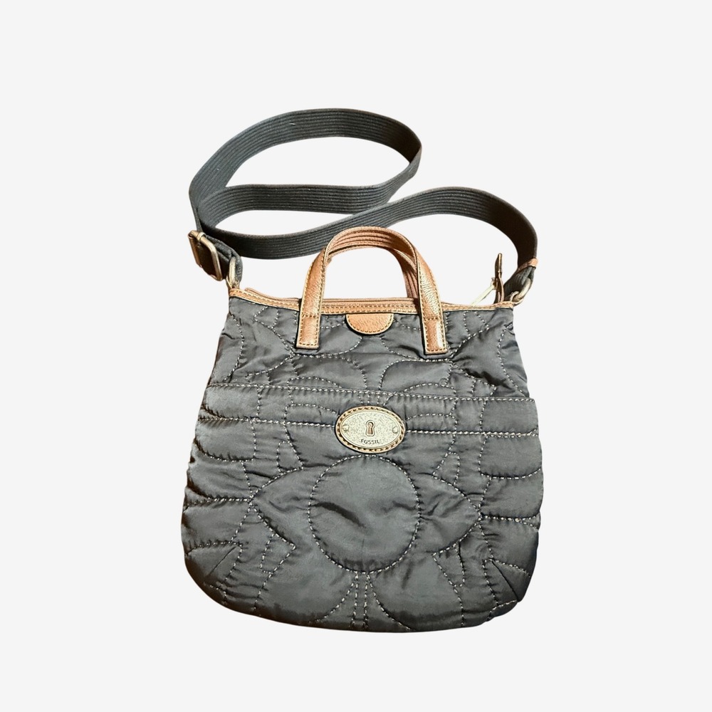 Fossil Key Per Crossbody Bag Small Black Quilted Nylon Leather Trim Satchel VTG